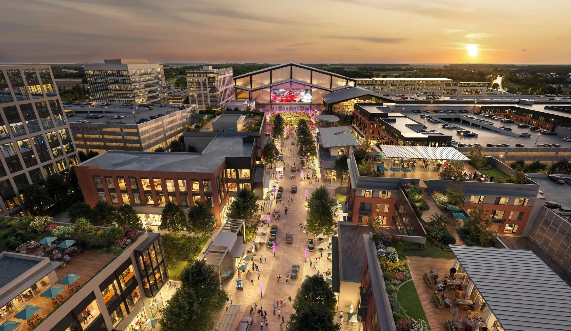Modern urban development featuring pedestrian promenade retail and office buildings